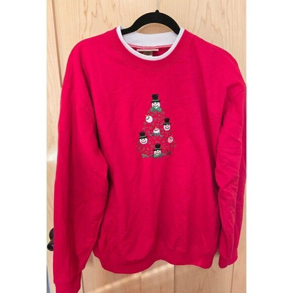 Vintage Red Christmas Sweatshirt W/ Snowman Tree Design By M.C. Sportswear Siz L - Picture 1 of 4